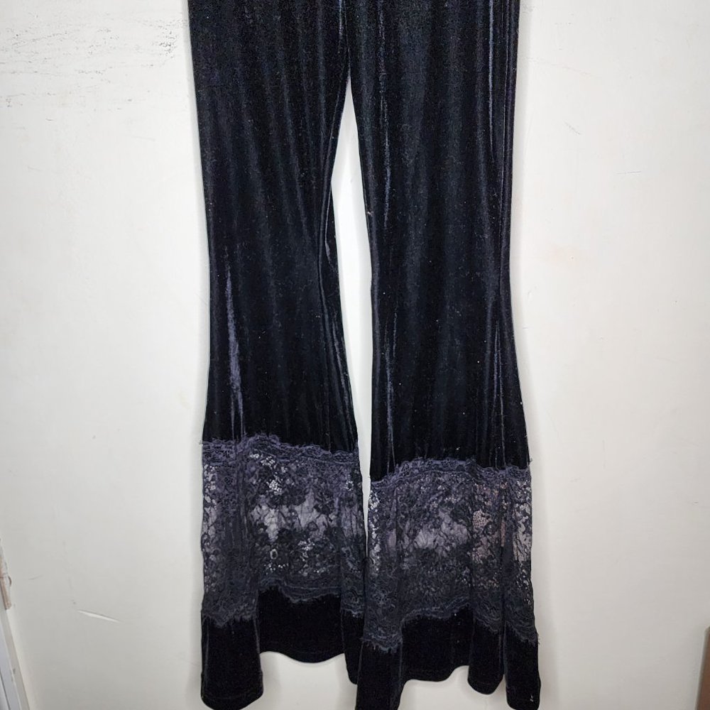 Killstar Nova Black Velour Velvet & Lace Super Flare Bell Bottoms Pull On, sz XS - Picture 3 of 7